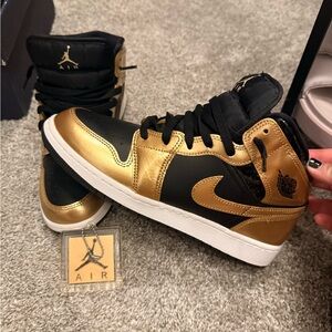 Jordan Air 1 Retro Metallic Gold and Black Mids Sneakers